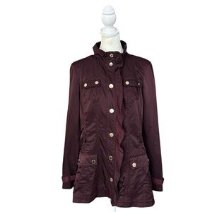 White House Black Market Purple Gold Snap Ruffle Nylon Trench Coat Size 6